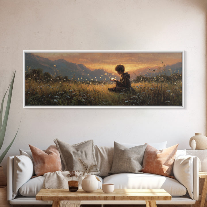 Young Boy In Field Holding Glowing Magical Lights Surrounded By Wildflowers Wall Art Canvas Print