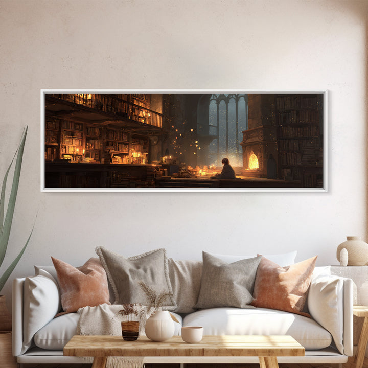 Warm Cozy Library Scene With Child Reading By Fireplace - Charming Home Decor Wall Art Framed Canvas Print For Study Rooms