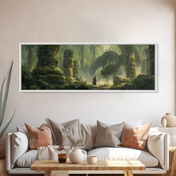 Ancient Forest With Massive Dragon Resting Amidst Ruins - Fantasy Wall Art Framed Canvas Print For Magical And Whimsical Decor