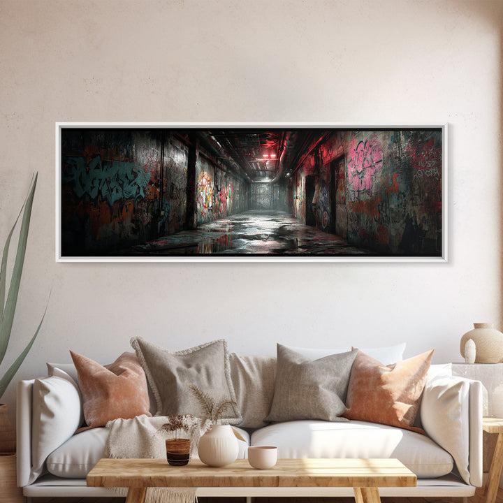 Urban Graffiti Alleyway Street Art Scene Moody Wall Art For Office Or Man Cave Decor Framed Canvas Print