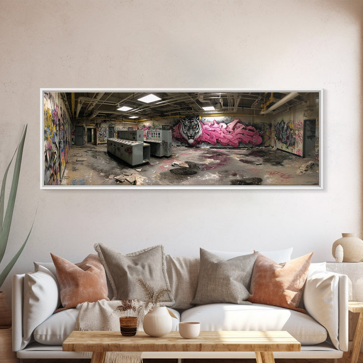 Abandoned Graffiti Room Urban Wall Art Framed Canvas Print With Decayed Interior And Graffiti Street Art Home Decor