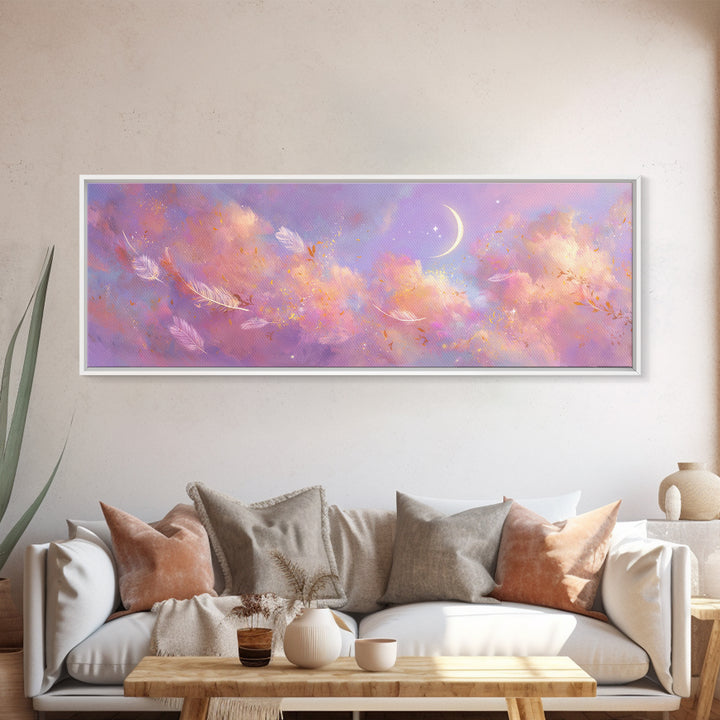 Crescent Moon Feathers In Lavender Sky Wall Art, Celestial Canvas Print, Whimsical Decor, Calming Bedroom Art, Gift For Her