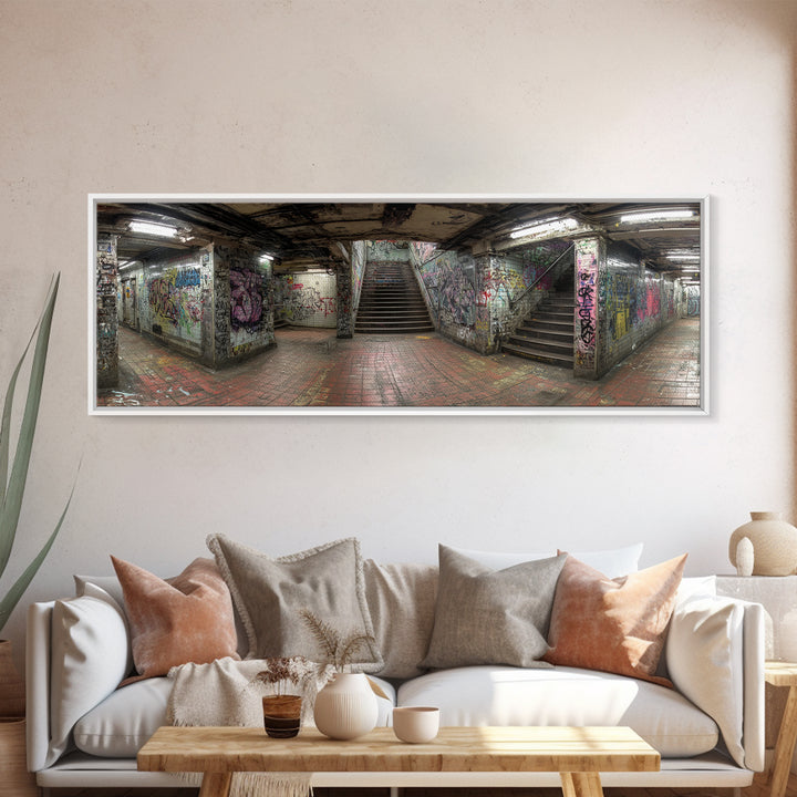 Grungy Spacious Subway Staircase Graffiti Urban Loft Wall Art - Framed Canvas Print, Modern Wall Art, Urban Decor, Trending Wall Art Gift