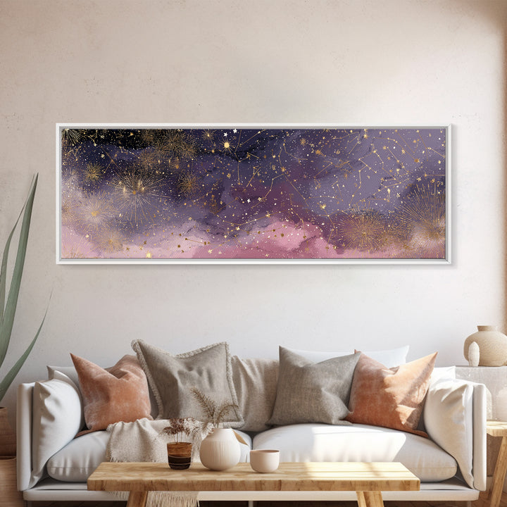Golden Stars And Constellations In Moody Night Sky Wall Art, Celestial Canvas Print, Dark Academia Decor, Mystical Bedroom Art