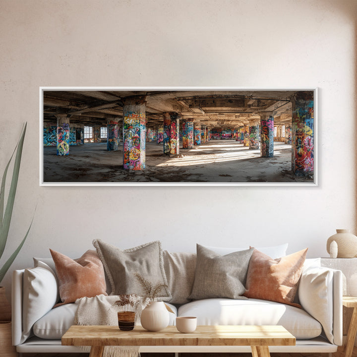 Rustic Urban Abandoned Building Interior With Graffiti Artwork Wall Art Canvas Print Large Industrial Style Decor For Funky Apartment Or Loft Wall