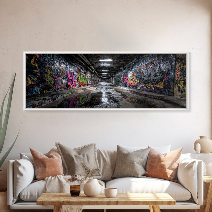 Graffiti Covered Underground Tunnel Wall Art, Urban Street Art Print, Modern Industrial Decor, Colorful Cityscape Canvas