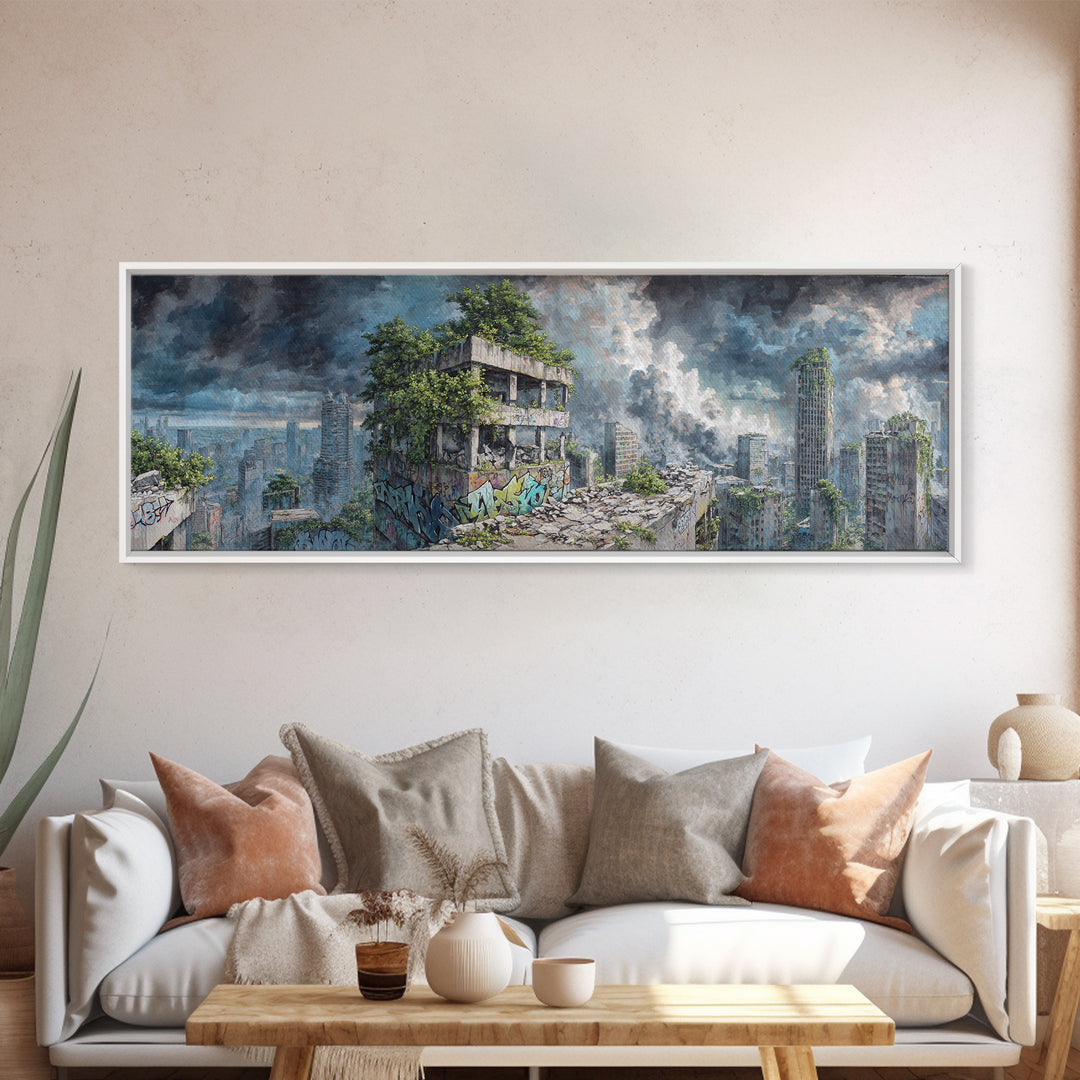 Overgrown Ruined City Under Storm Clouds Canvas Print, Post Apocalyptic Wall Art, Futuristic Urban Landscape, Sci Fi Decor