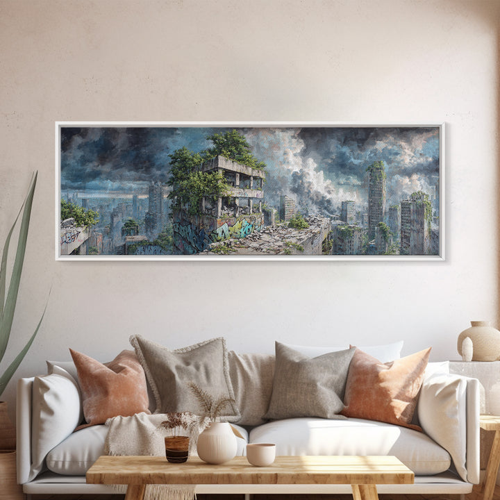 Overgrown Ruined City Under Storm Clouds Canvas Print, Post Apocalyptic Wall Art, Futuristic Urban Landscape, Sci Fi Decor