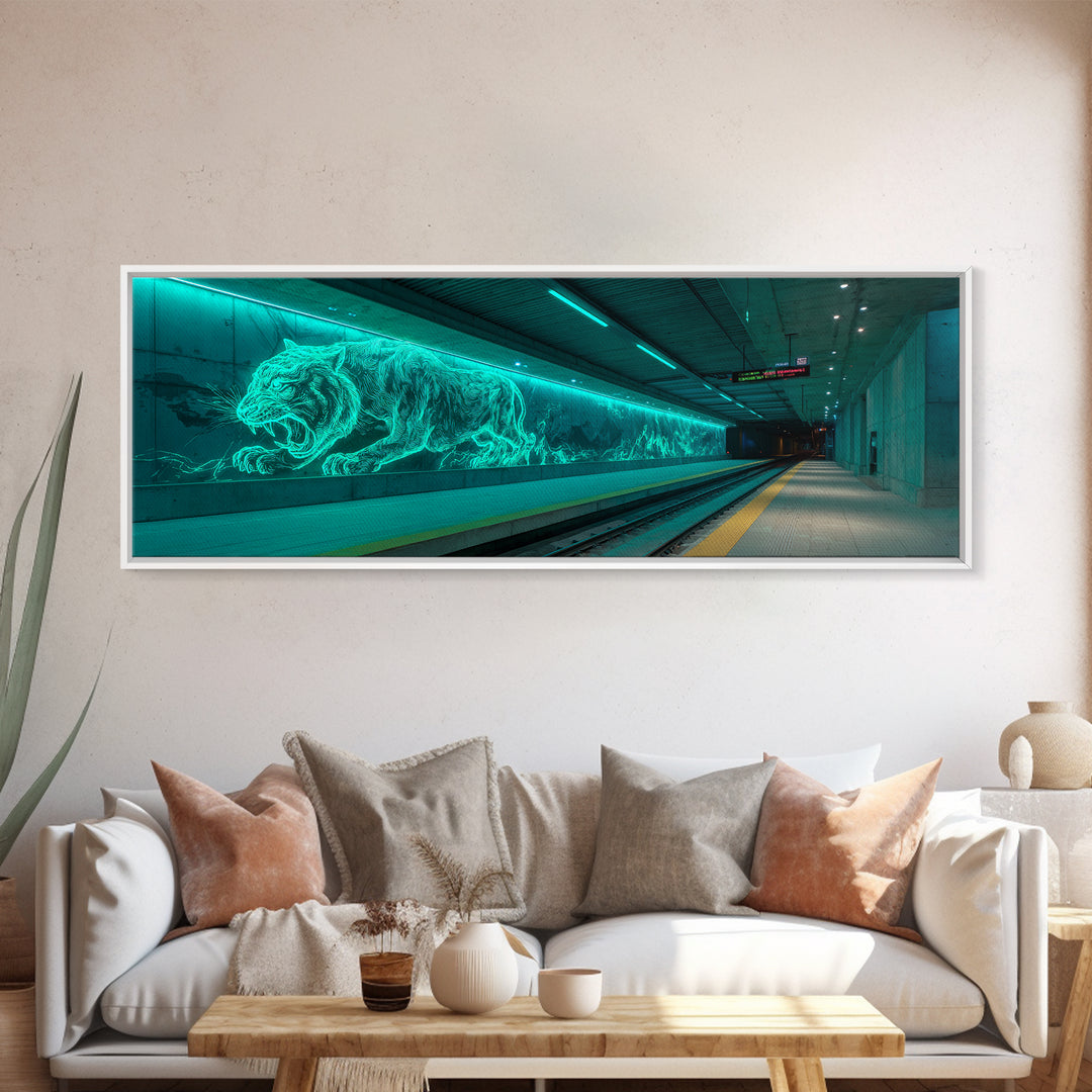 Neon Glowing Tiger Mural Urban Wall Decor Canvas Print Vibrant Modern Wall Art For Office Or Living Room