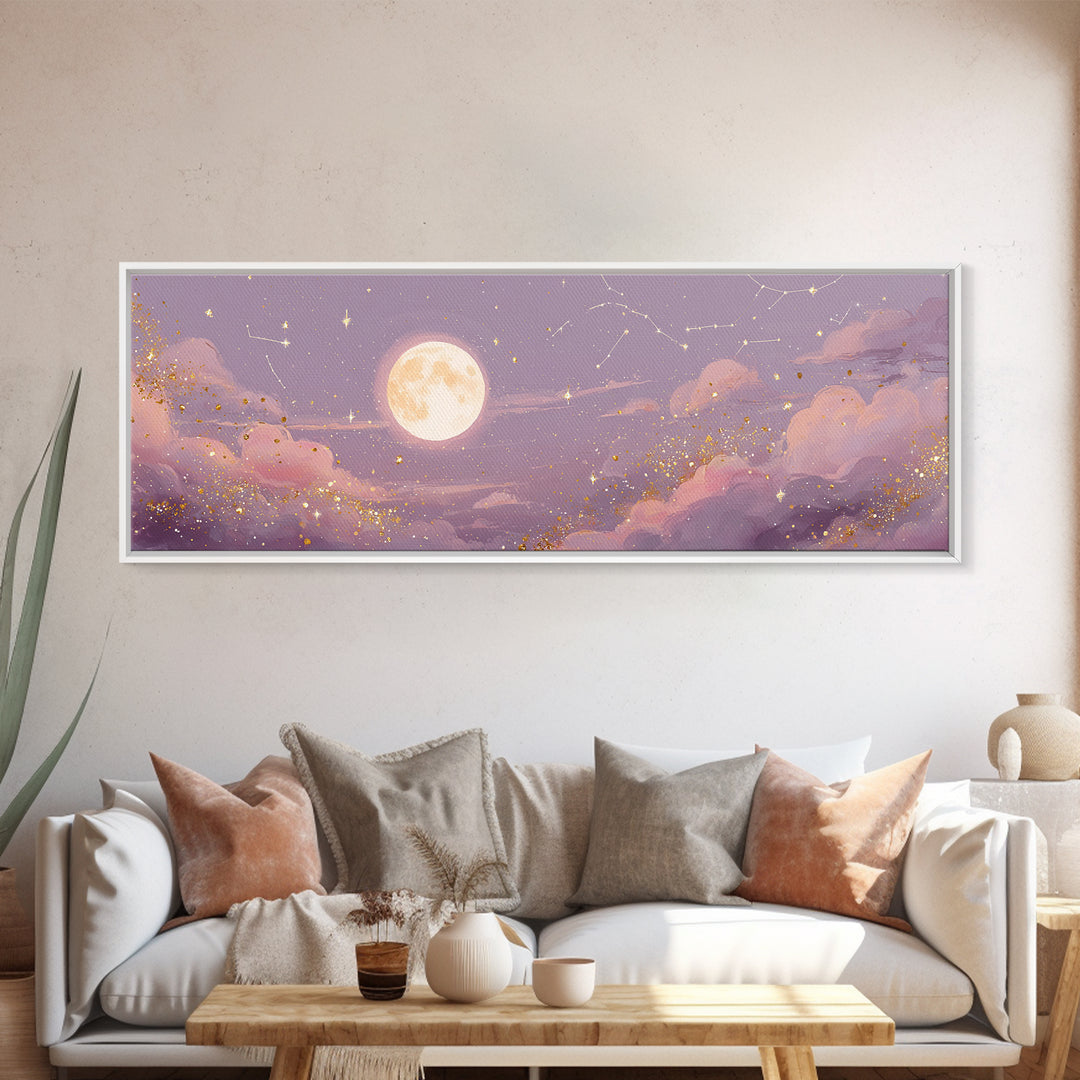 Full Moon Over Pink Clouds And Starry Sky Canvas Print, Celestial Wall Art, Moon Phase Decor, Dreamy Nursery Room Wall Decor