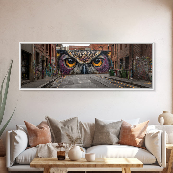 Hyperrealistic Street Mural of Intense Owl Eyes Graffiti Urban Wall Art Framed Canvas Print Bold Contemporary Art for Living Room Decor