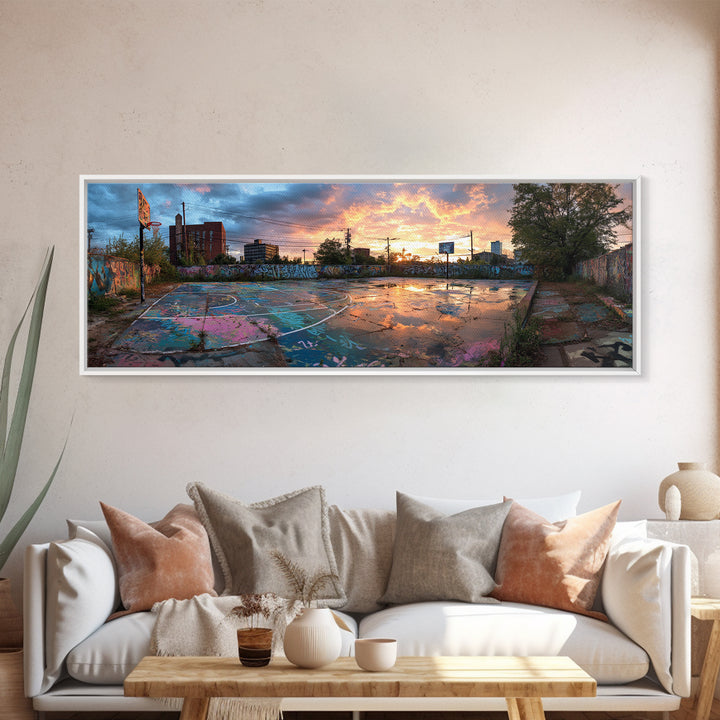 Graffiti Covered Abandoned Outdoor Basketball Court At Sunset, Urban Street Art Wall Decor Canvas Print For Modern Living Room And Wall Art