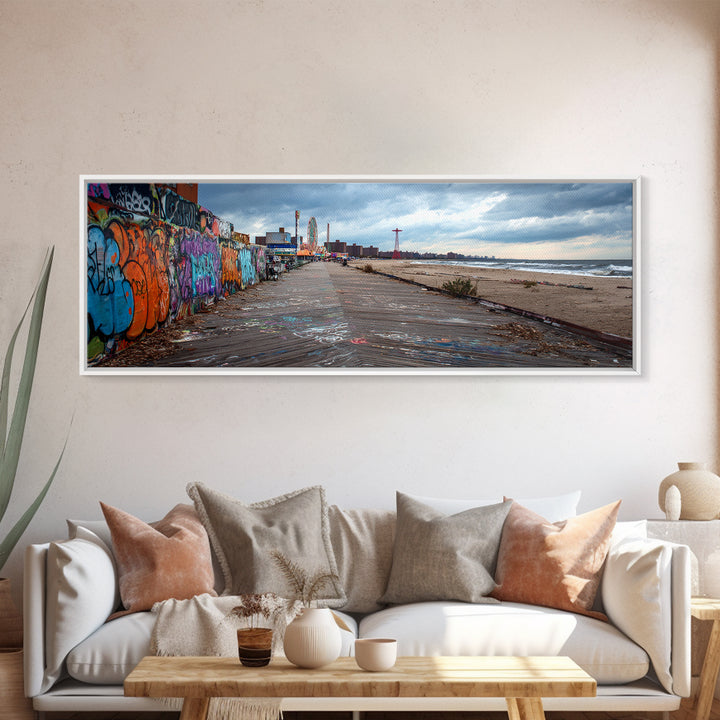 Urban Graffiti Beach Boardwalk Vibrant Street Art Wall Art Coastal Living Room Decor Ocean Scene Canvas Print