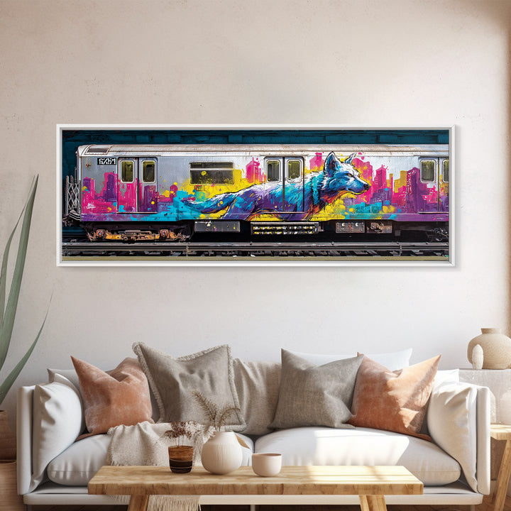 Vibrant Urban Wolf Graffiti Street Art With Cityscape Backdrop Original Wall Art Canvas Print For Modern Home Decor
