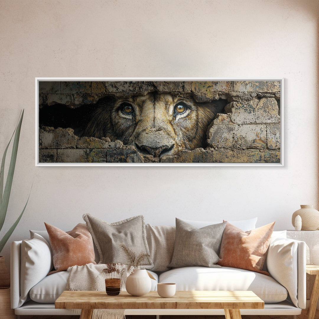 Powerful Lion Peering Through Broken Wall Street Art Canvas Print Bold Wildlife Wall Art For Home Decor And Office Wall Hanging