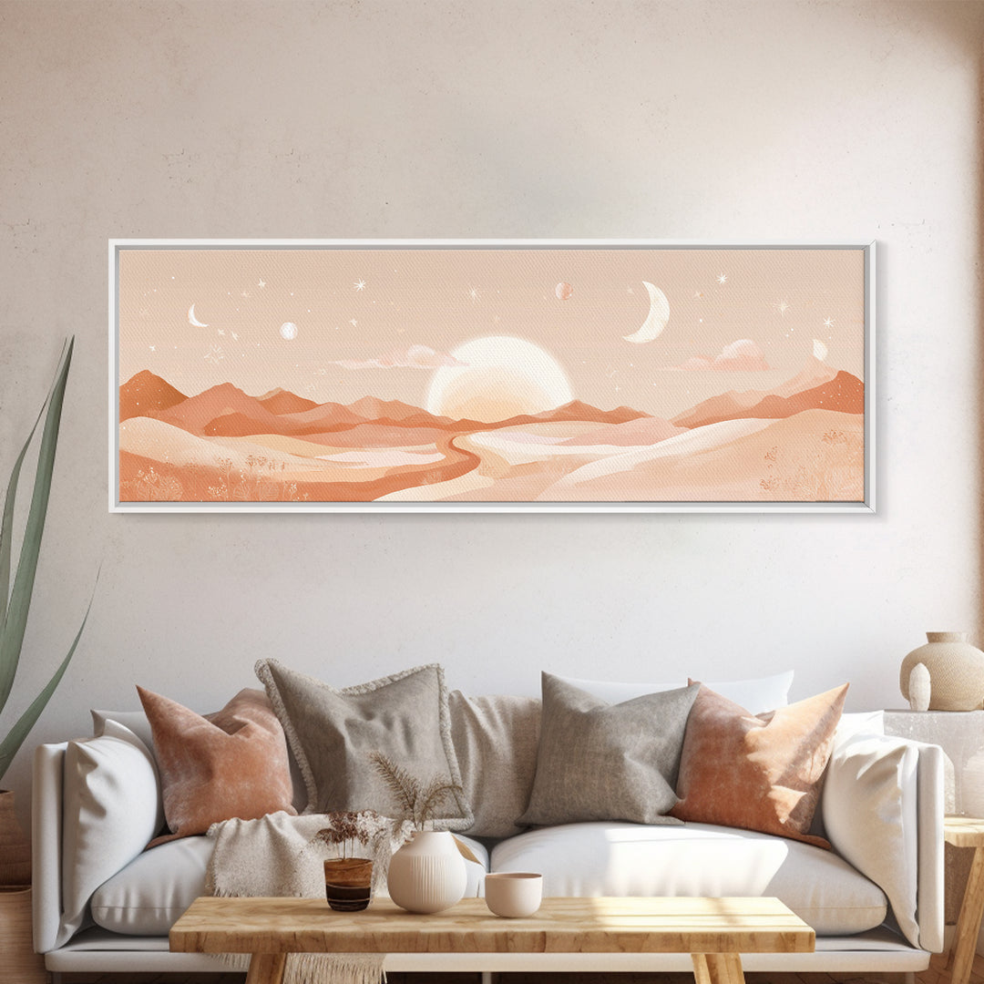 Desert Sunrise With Moon Phases And Terracotta Hills Wall Art, Boho Canvas Print, Southwestern Earth Tone Decor, Nursery Wall Art