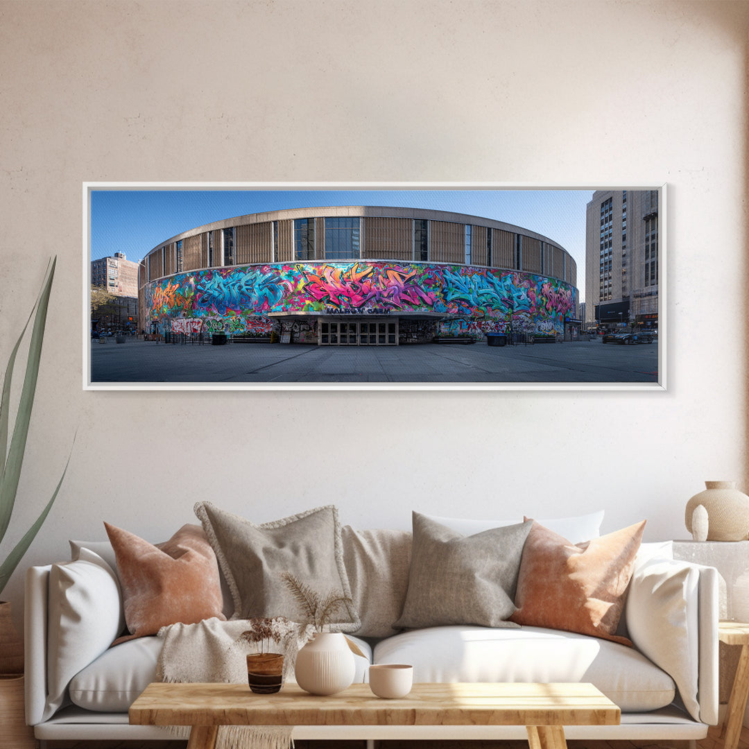 Vibrant Graffiti Wrapped Around Circular Building Urban Wall Art Modern Wall Decor Framed Canvas Print