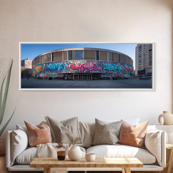 Vibrant Graffiti Wrapped Around Circular Building Urban Wall Art Modern Wall Decor Framed Canvas Print