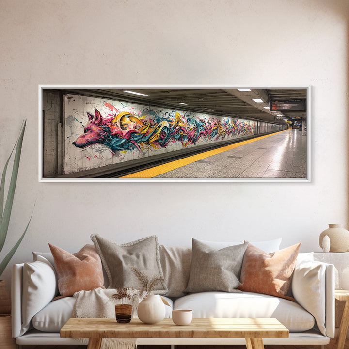 Vibrant Graffiti Mural Of Stylized Fox In Subway Station Long Abstract Street Art Wall Art Canvas Print