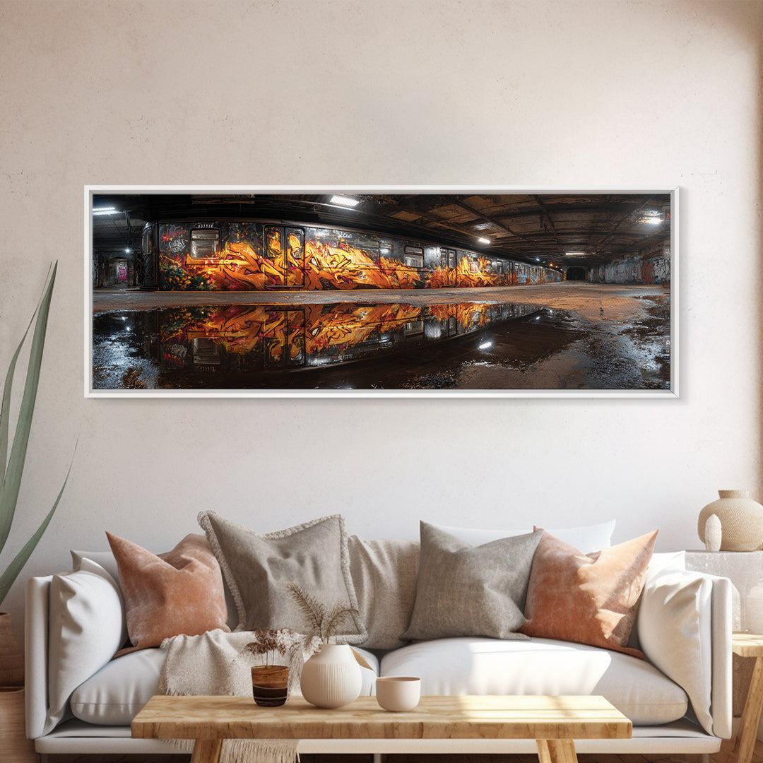 Mysterious Urban Graffiti Subway Station With Reflections Moody Street Art Large Canvas Print Framed Wall Art For Contemporary Decor
