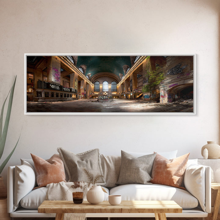 Abandoned Urban Train Station With Graffiti, Nature Reclaiming Space, Moody Decay Landscape Wall Art Canvas Print For Home Decor