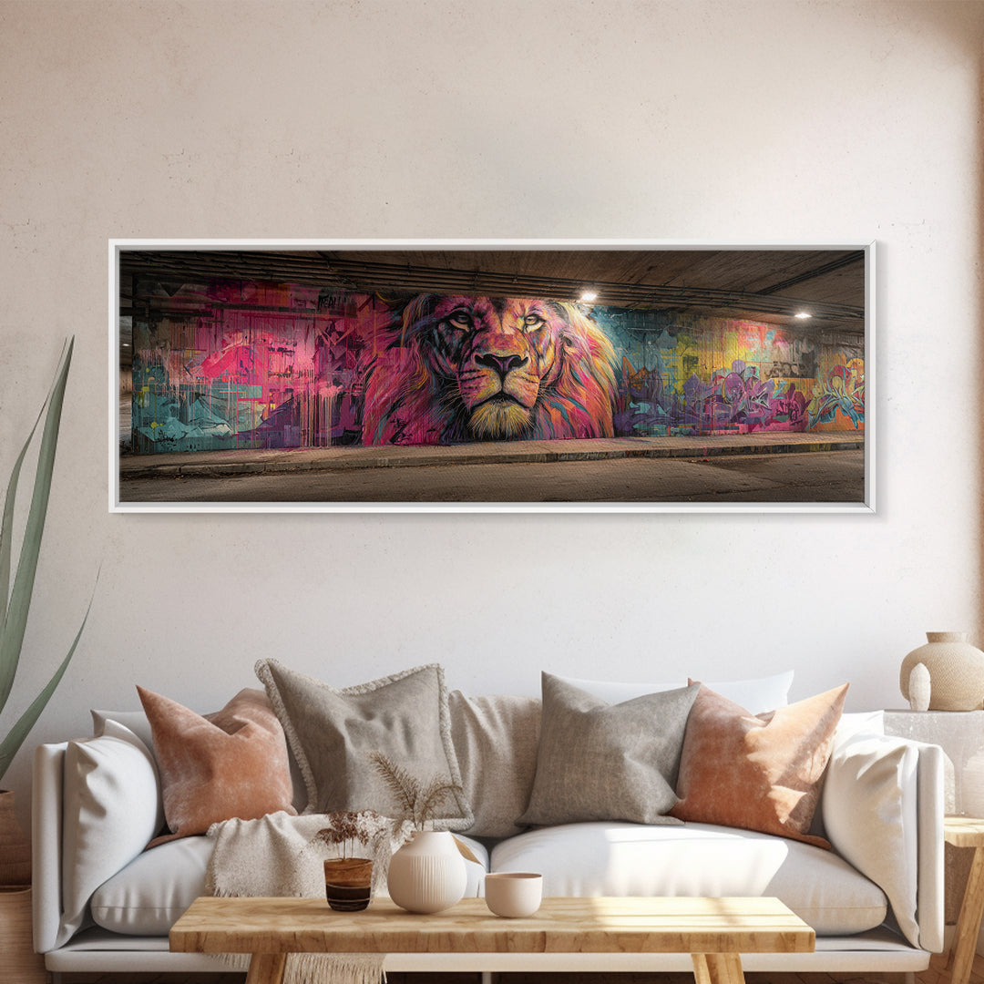 Vibrant Grafitti Lion Mural Street Art With Bright Colors Urban Wall Art Framed Canvas Print