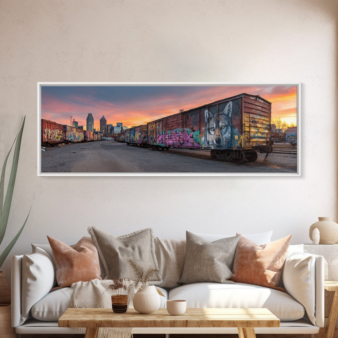 Sunset Skyline With City Train And Vibrant Graffiti Urban Wall Art Print For Modern Living Room Decor And Office Framed Canvas Print