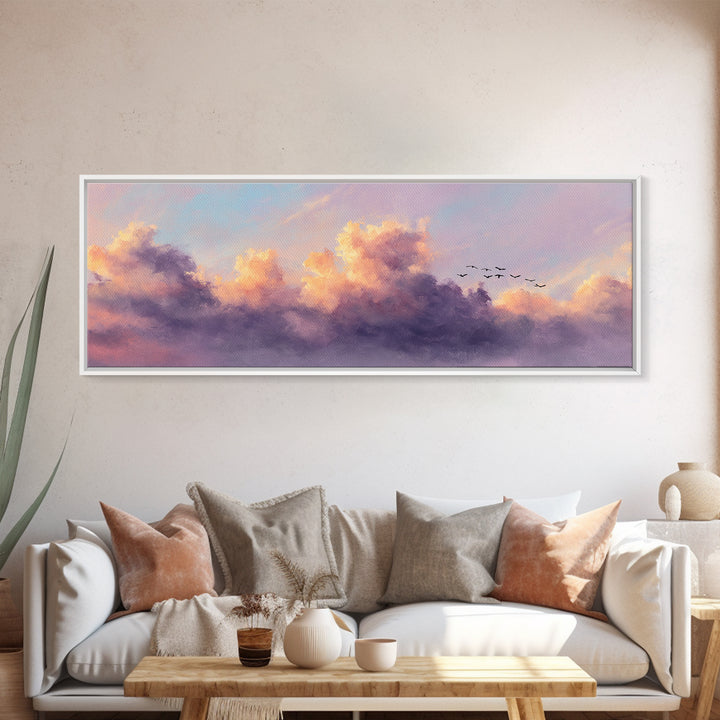 Lavender Sunset Clouds With Flying Birds Wall Art, Pastel Landscape Canvas Print, Calming Bedroom Decor, Living Room Art