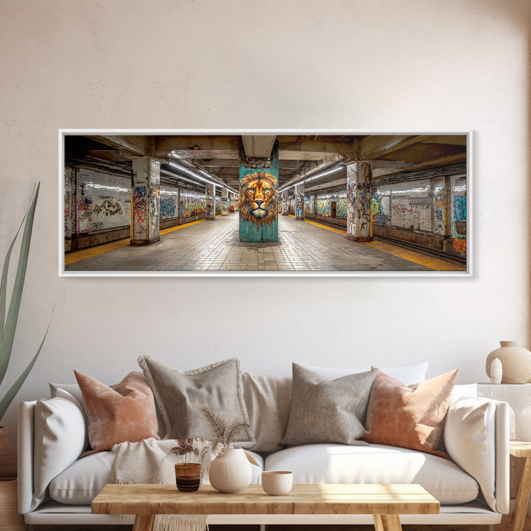 Urban Graffiti Style Subway Station With Bold Lion Mural Vibrant Wall Art Framed Canvas Print