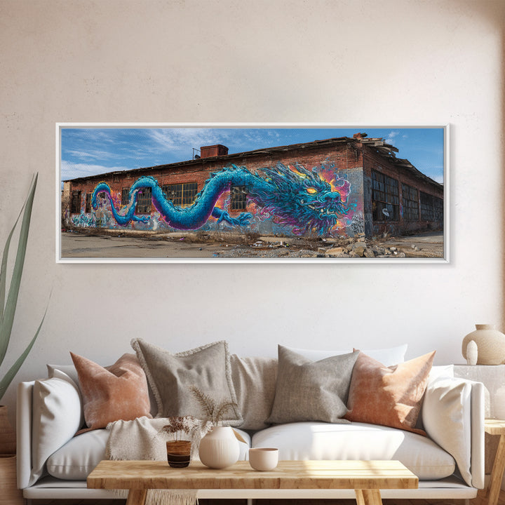 Blue Dragon Graffiti Street Art Wall Art Canvas Print Vibrant Large Urban Wall Decor With Detailed Fantasy Design