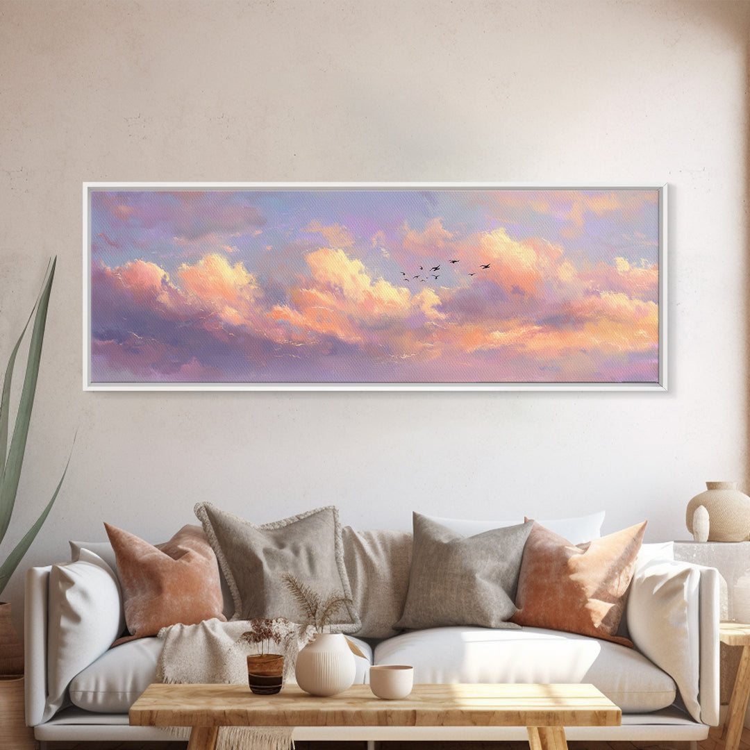 Peach Sunset Clouds With Distant Birds Canvas Print, Soft Pastel Wall Art, Dreamy Landscape Calming Decor, Living Room Wall Art