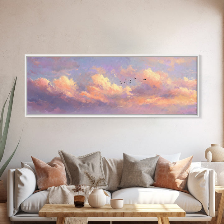 Peach Sunset Clouds With Distant Birds Canvas Print, Soft Pastel Wall Art, Dreamy Landscape Calming Decor, Living Room Wall Art
