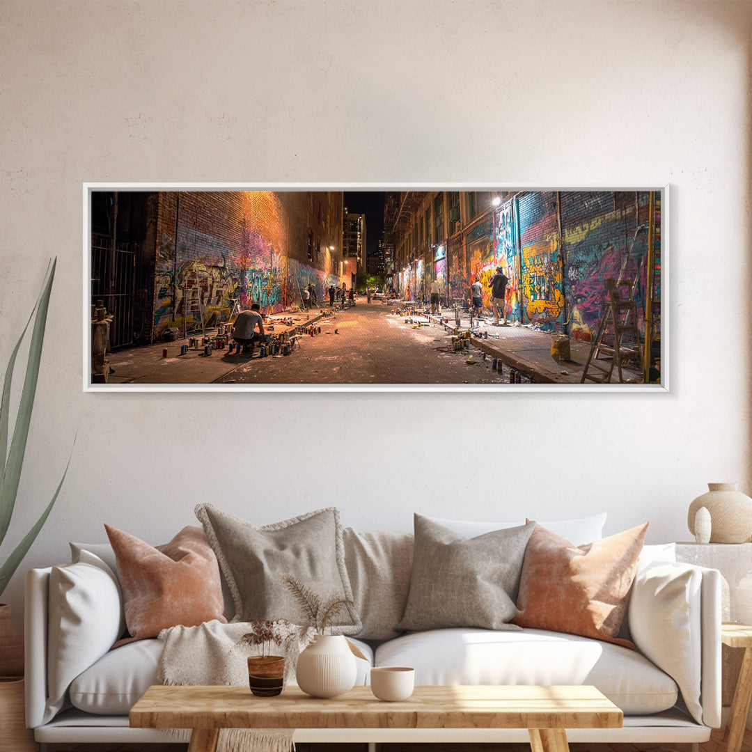 Nighttime Urban Graffiti Alleyway Street Art Scene Vibrant Spray Paint Murals Wall Art Framed Canvas Print