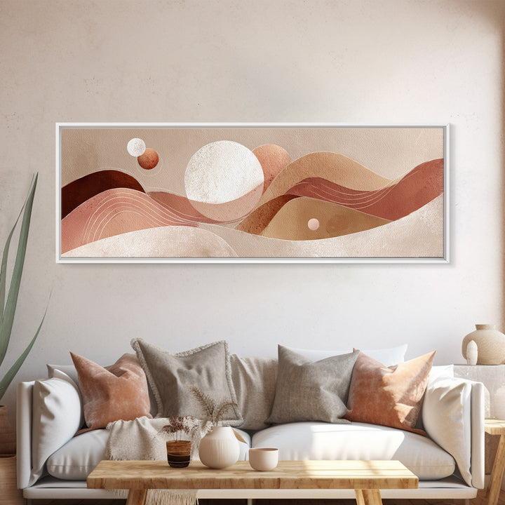 Abstract Terracotta Desert Dunes With Sun And Moons Wall Art, Mid Century Canvas Print, Earth Tone Decor, Modern Boho Art