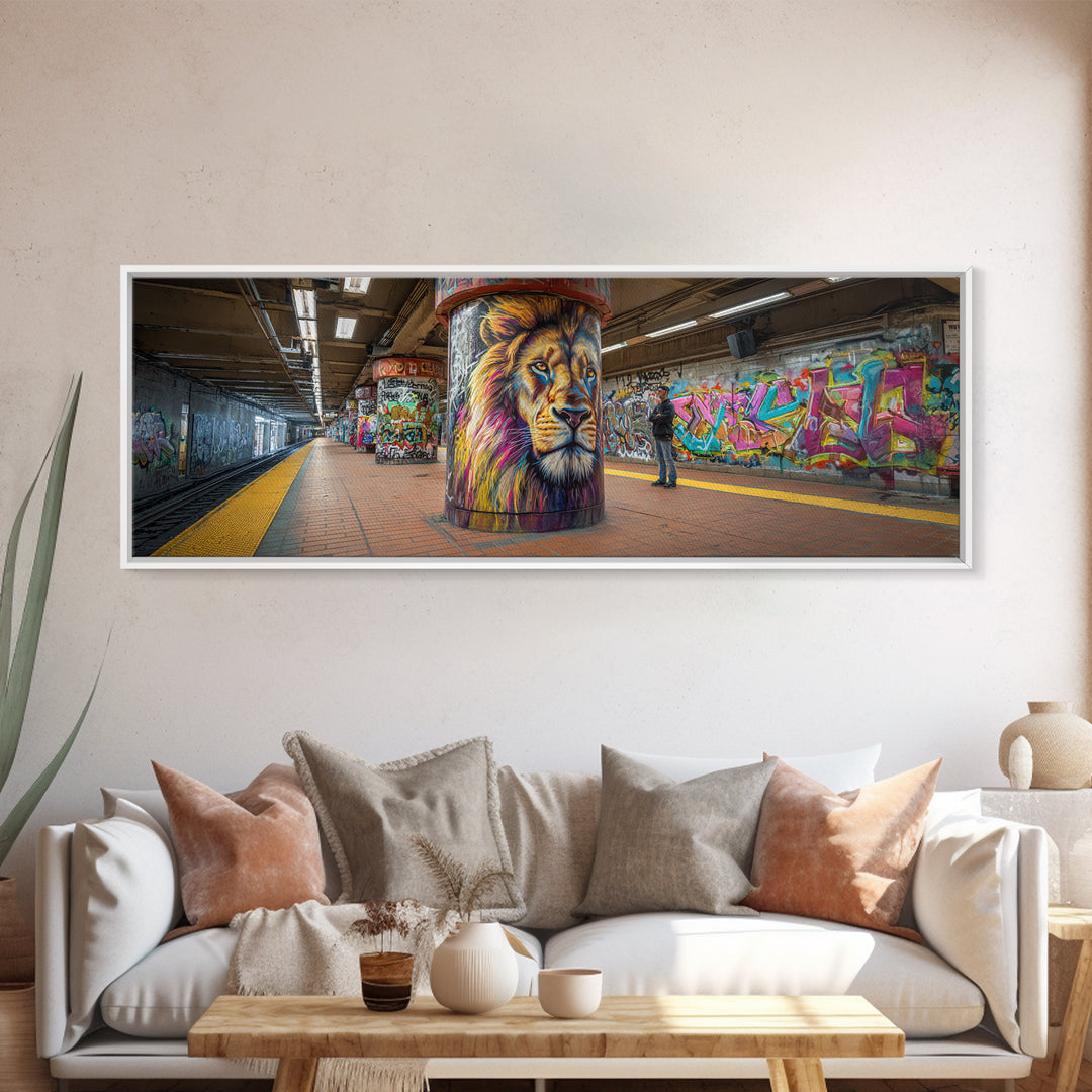 Urban Graffiti Lion Mural Subway Station Wall Art Canvas Print Vibrant Street Art Modern Wall Decor