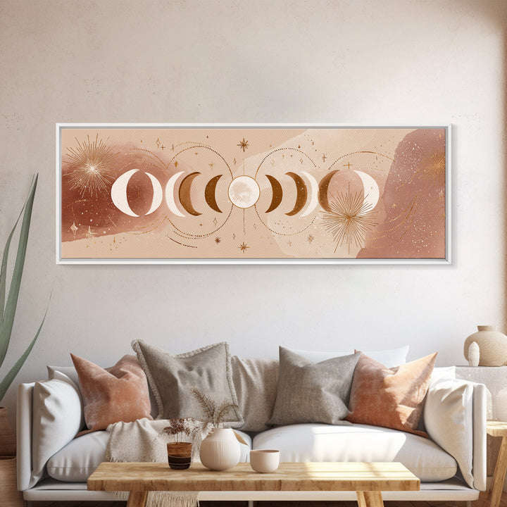 Neutral Moon Phases And Stars Wall Art, Celestial Boho Above Bed Decor, Mystical Lunar Canvas, Modern Bedroom Print, Home Decor