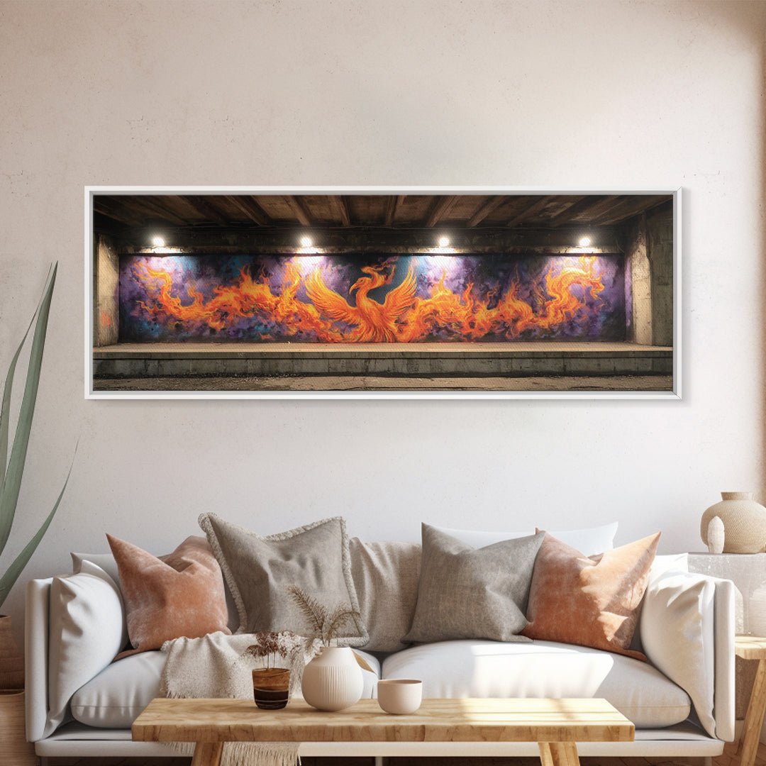Vibrant Phoenix Graffiti Mural Street Art With Flames Fire And Purple Background Urban Wall Art Canvas Print
