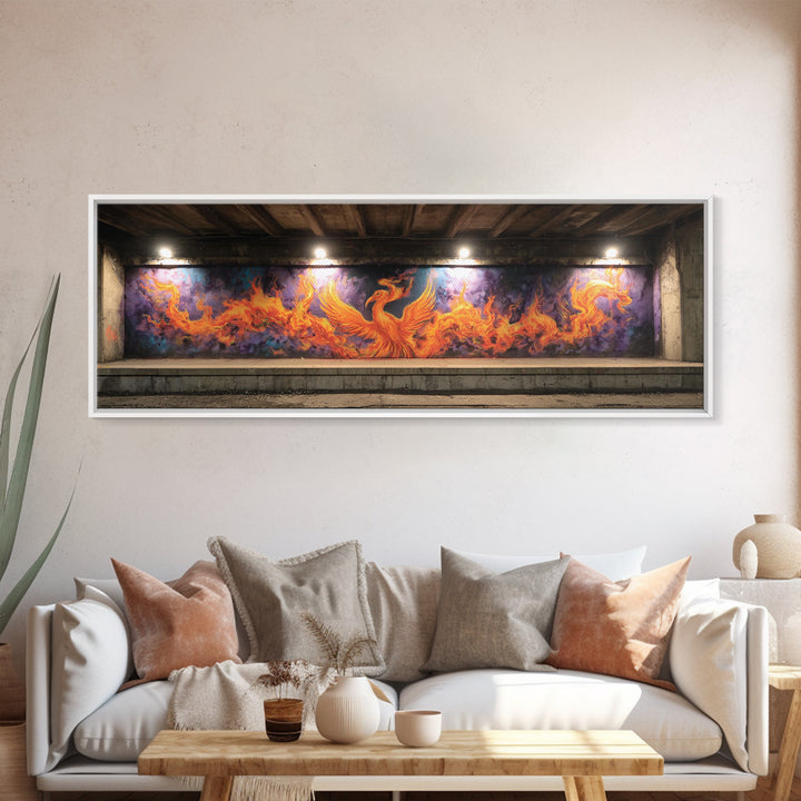 Vibrant Phoenix Graffiti Mural Street Art With Flames Fire And Purple Background Urban Wall Art Canvas Print