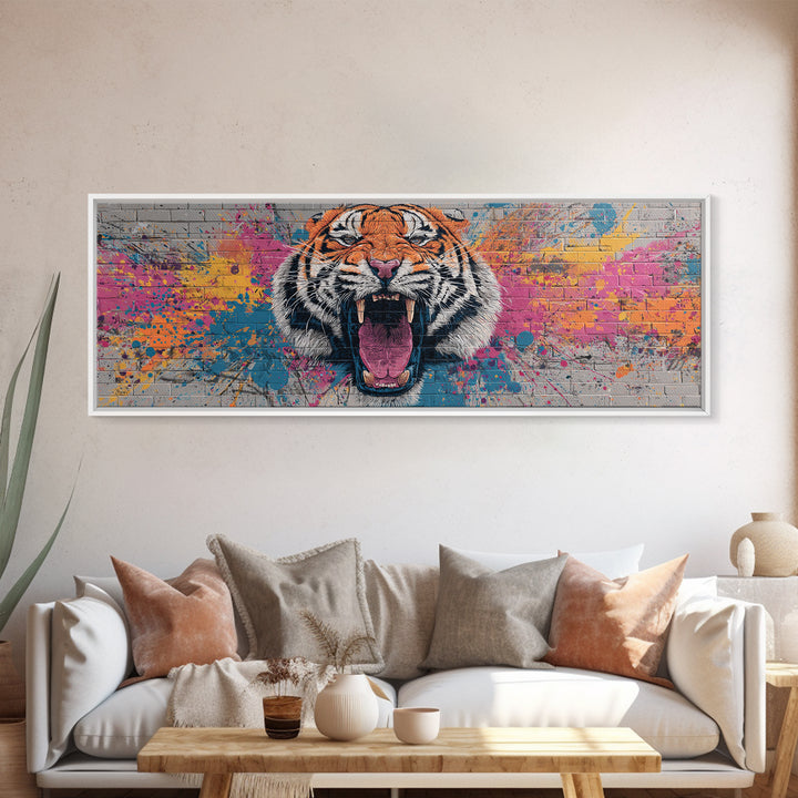 Vibrant Roaring Tiger Graffiti Mural Street Art Wall Painting Framed Canvas Print Urban Home Decor And Bold Living Room Wall Art