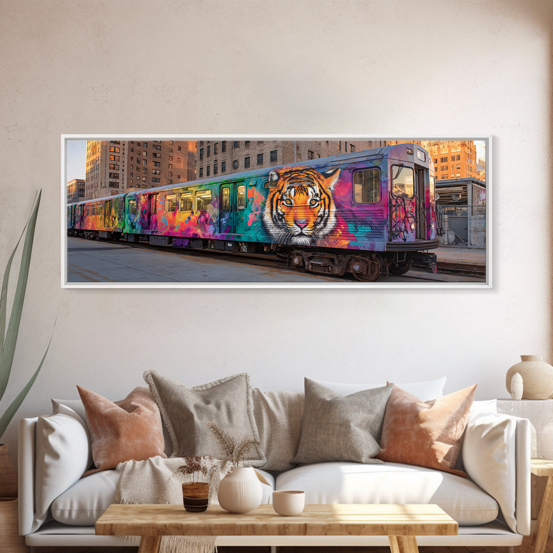 Graffiti Urban Art With Bright Tiger Mural On City Train Vibrant Street Culture Modern Wall Art Canvas Print