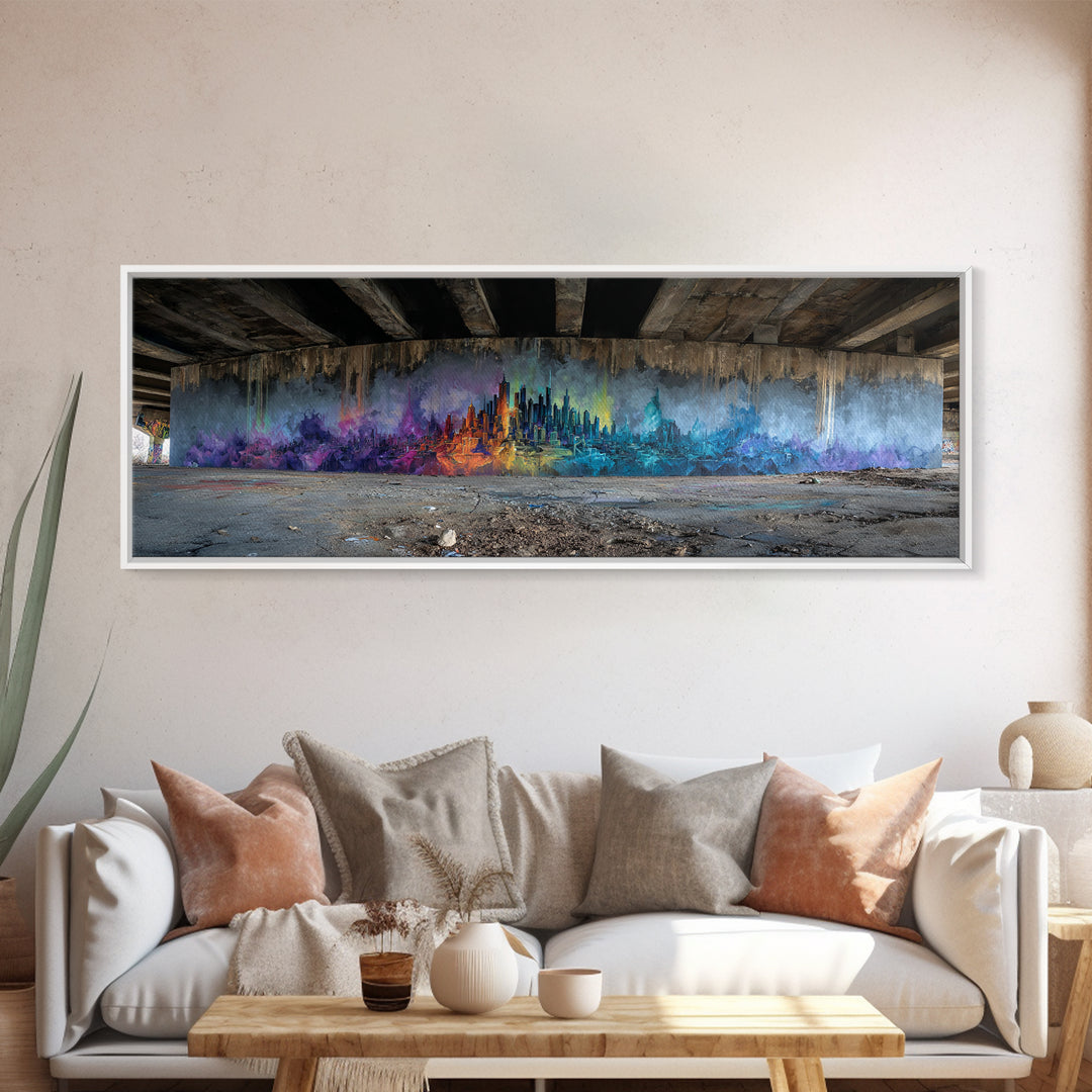 Vibrant Abstract Cityscape Street Art Featuring Colorful Skyline in Purple Blue and Orange Hues Wall Art