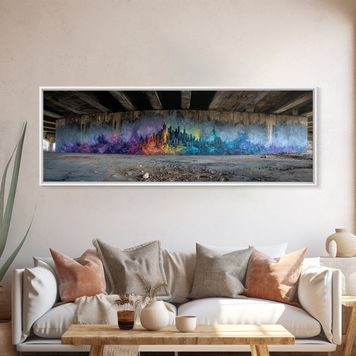 Vibrant Abstract Cityscape Street Art Featuring Colorful Skyline in Purple Blue and Orange Hues Wall Art
