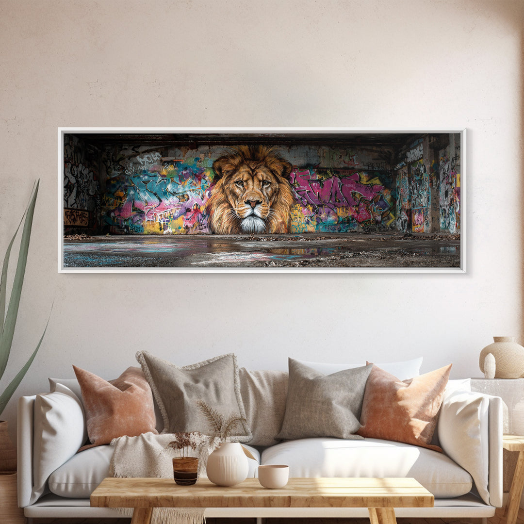 Vibrant Urban Graffiti Lion Mural Canvas Print Capturing Street Art Vibes With Striking Realism And Colorful Background Perfect Large Wall Art Decor