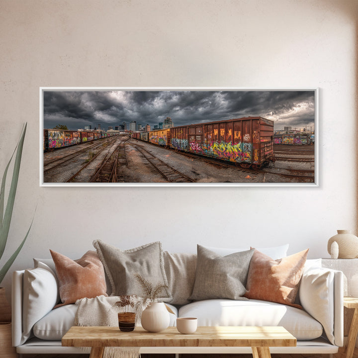 Urban Graffiti Covered Train Yard Under Moody Sky Wall Art Canvas Print For Contemporary Industrial Decor And Street Art