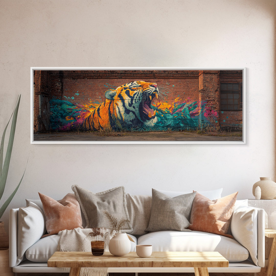 Roaring Tiger Street Art Graffiti Mural Vibrant Colorful Wall Art Framed Canvas Print Urban Home Decor