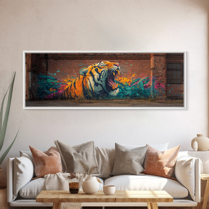 Roaring Tiger Street Art Graffiti Mural Vibrant Colorful Wall Art Framed Canvas Print Urban Home Decor