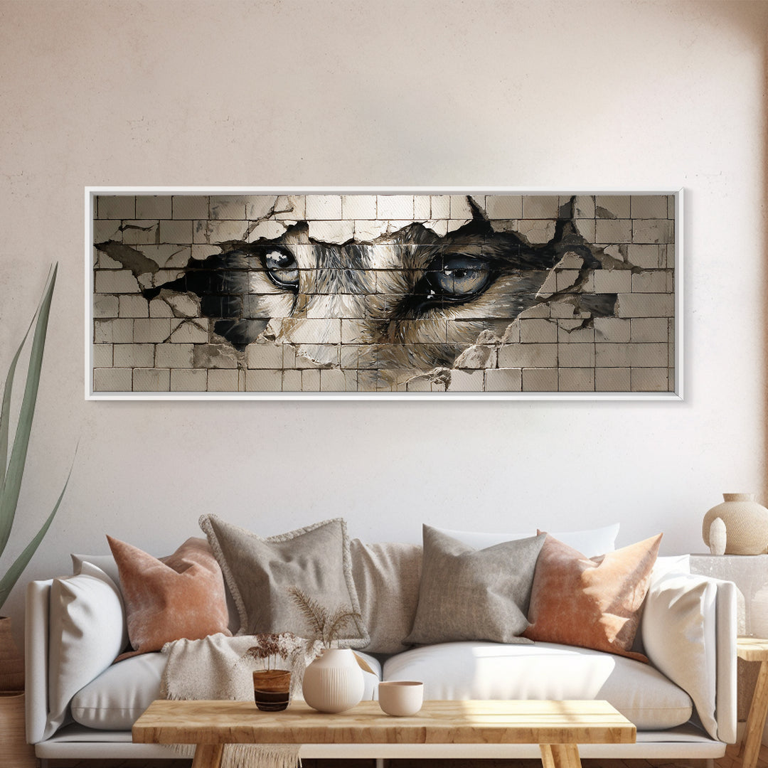 Intriguing Street Art Of Wolf Eyes Peering Through Broken Wall Painted On White Tiles Urban Wall Art Print