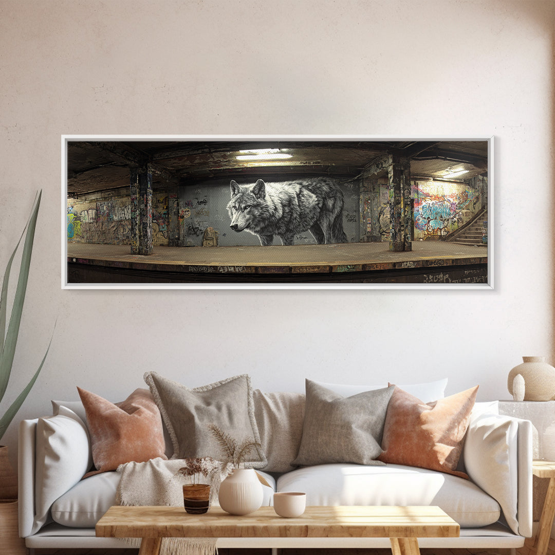 Black And White Urban Wolf Mural In Subways Graffiti Wall Art Print For Contemporary Living Room Decor Canvas Print