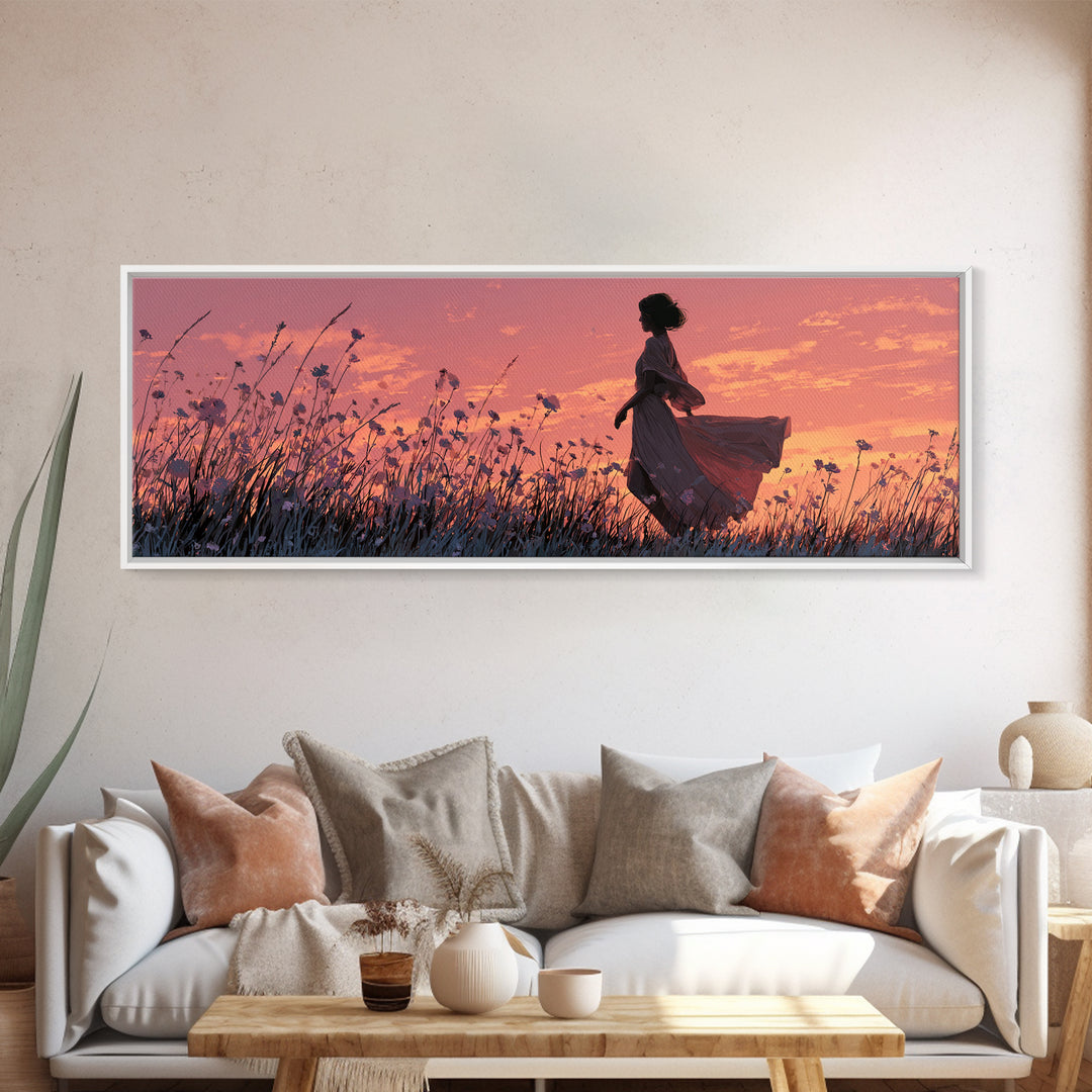 Woman Silhouette In Sunset Wildflower Meadow Canvas Print, Romantic Landscape Wall Art, Boho Bedroom Decor, Gift For Her