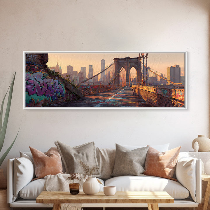 Sunlit Urban Bridge Graffiti Street Scene Original Art Framed Canvas Print Urban Wall Decor Modern Wall Art